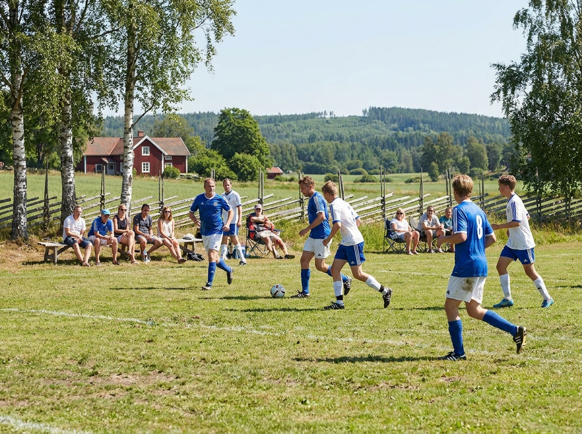 Södra Vi IF-spelare i blåvita matchställ på gräsplanen vid Ulfveskog